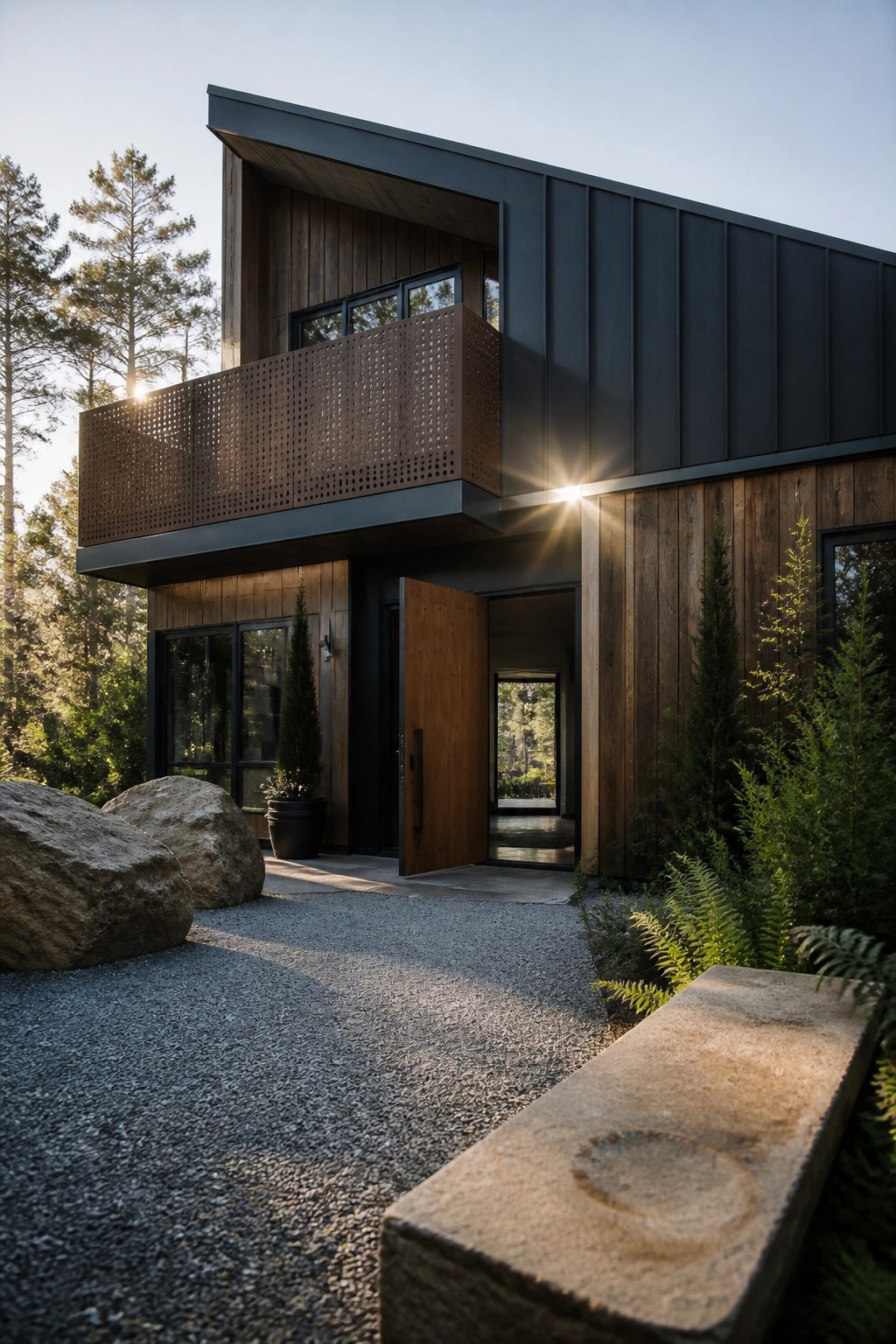 Modern house with wood and metal siding, open door, perforated balcony, gravel path and trees