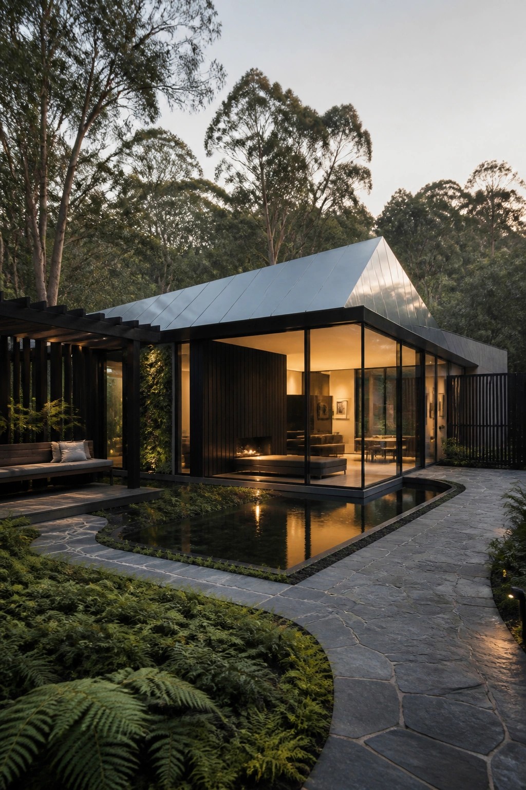 A modern house with dark frames, a metal roof, and large glass walls stands beside a rectangular reflecting pool on a stone path, surrounded by ferns and tall trees.