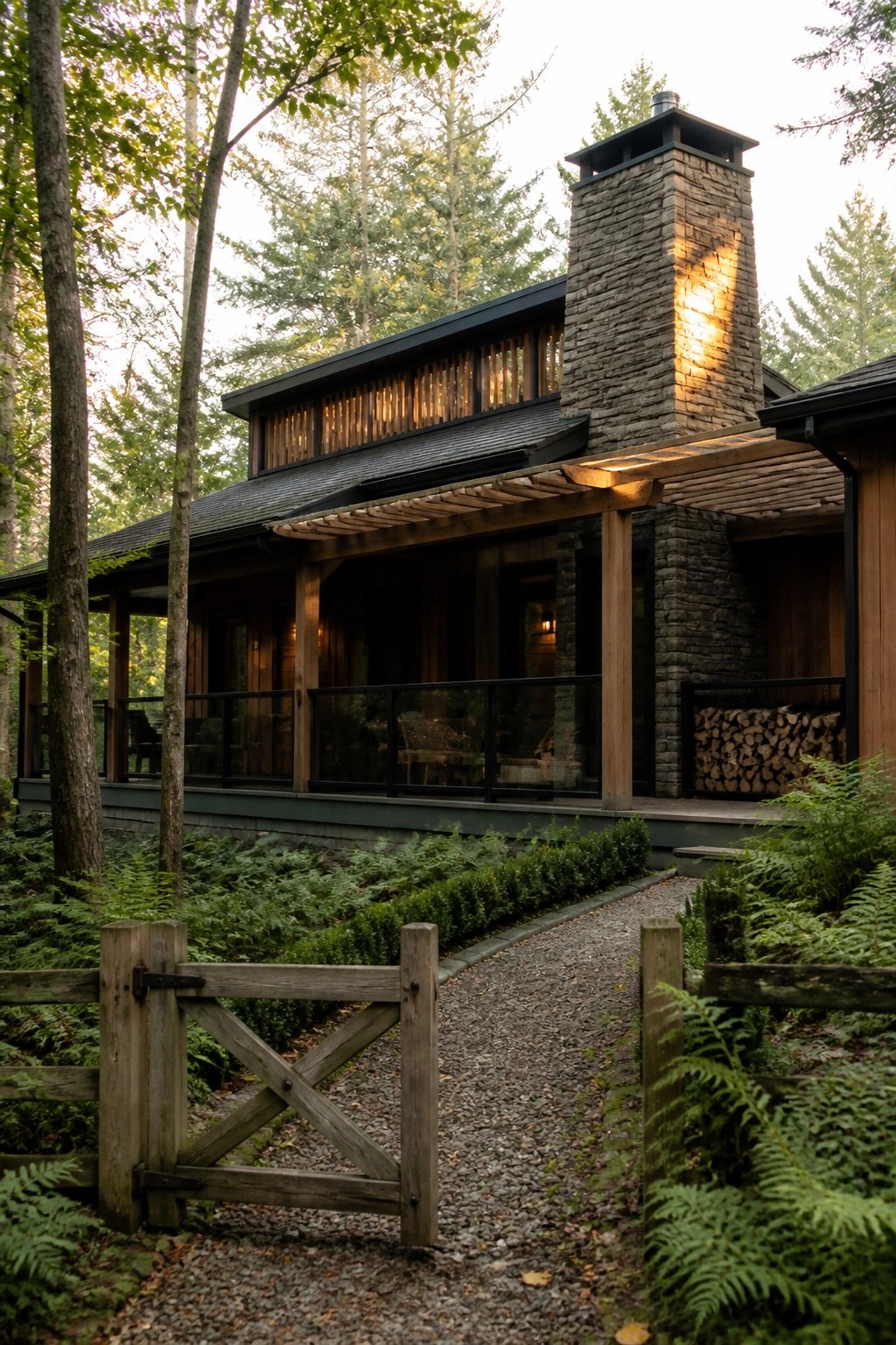 A modern forest house with dark wood siding, a prominent stone chimney, and a covered porch, viewed from a gravel path with a wooden gate in the foreground.
