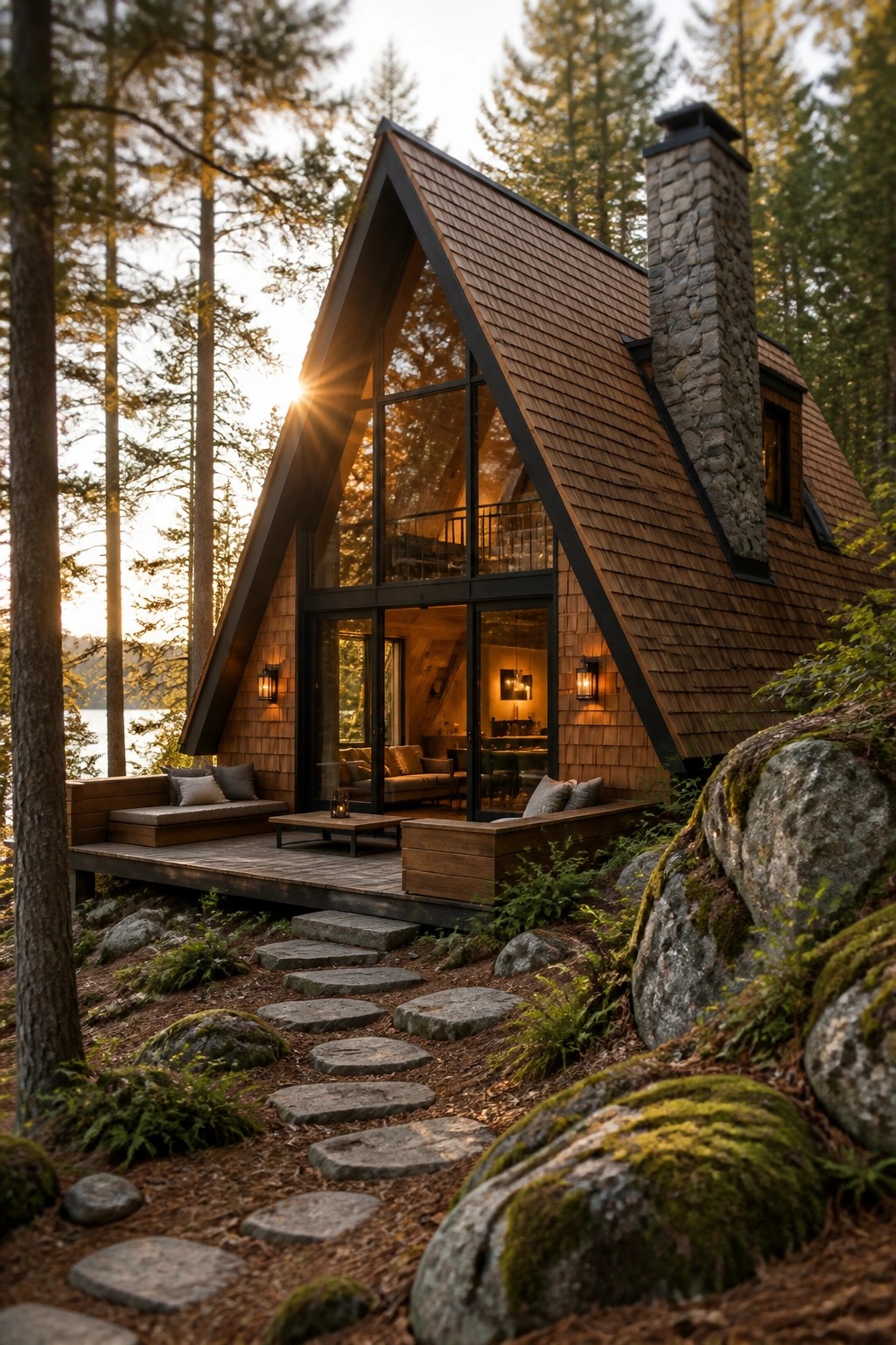 Modern A-frame house with brown wood shingles, large glass windows, and a stone chimney, set among tall trees with a wooden deck and stone pathway.