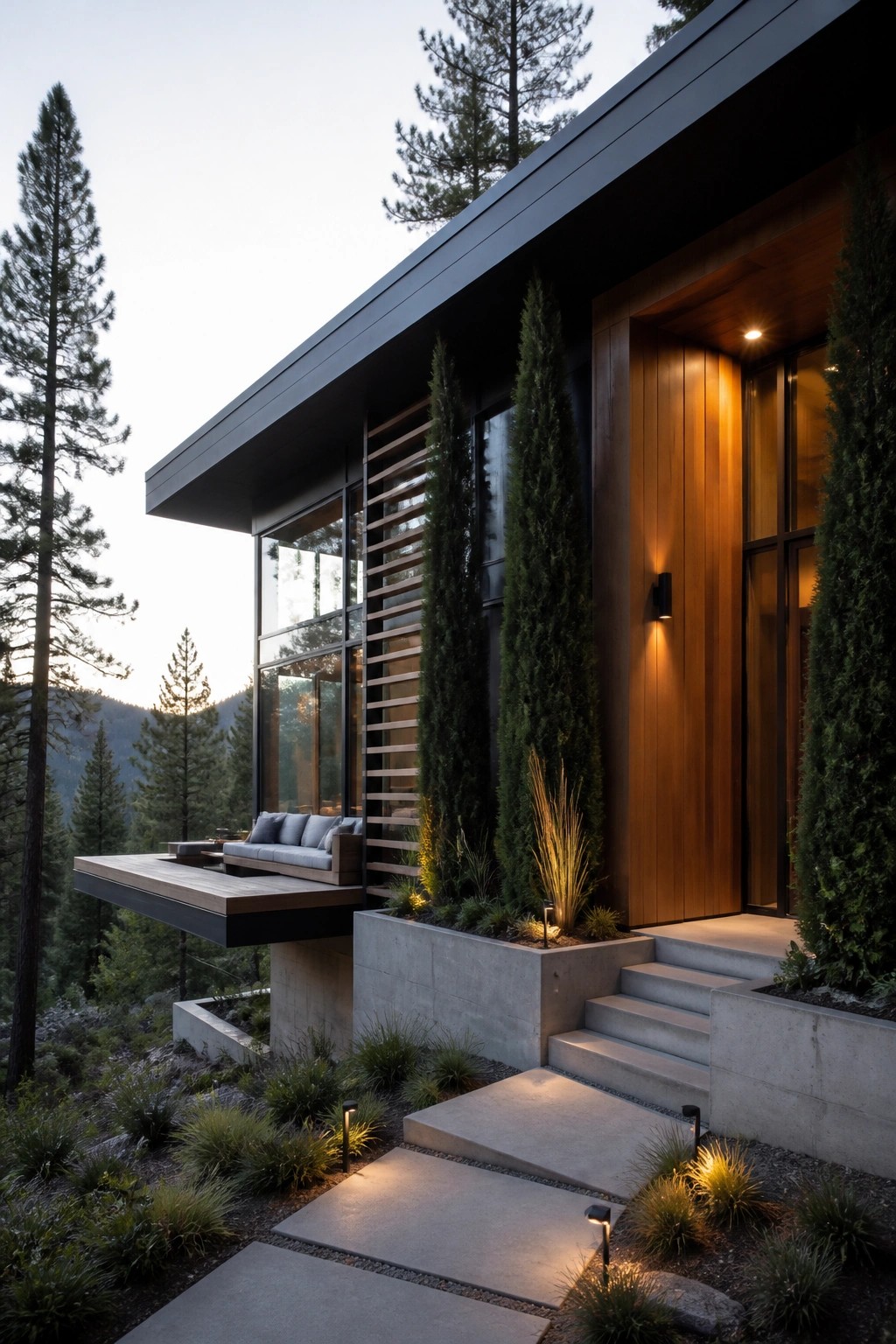 Modern forest house with vertical wood siding framing the front door, concrete steps, and tall evergreen trees surrounding the entrance.