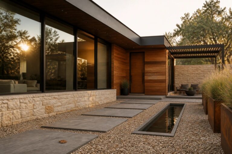 A modern house exterior with wood siding above a light stone base, large glass windows, a wooden front door, and concrete stepping stones set in gravel.
