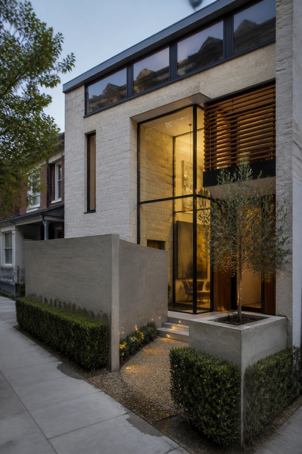 Modern stone house exterior with a large illuminated glass entry door, wood slats on the right, concrete planters, and low hedges along the path.
