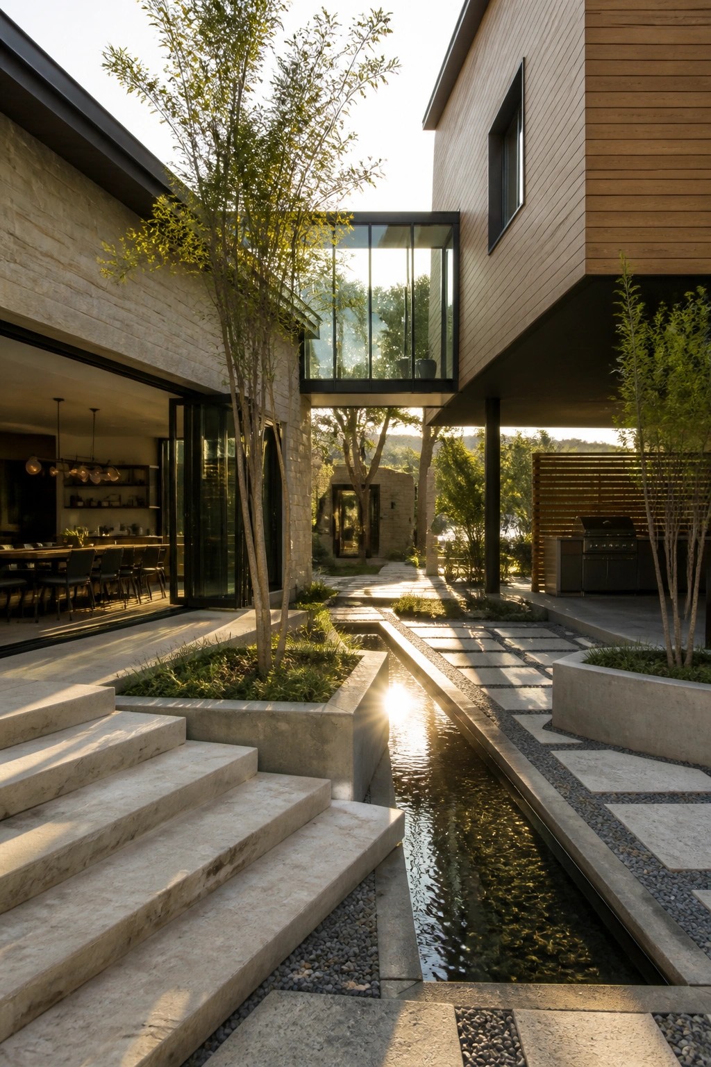Modern house exterior with stone walls, wood siding, and a long water channel running through a courtyard with concrete steps and stone paths.