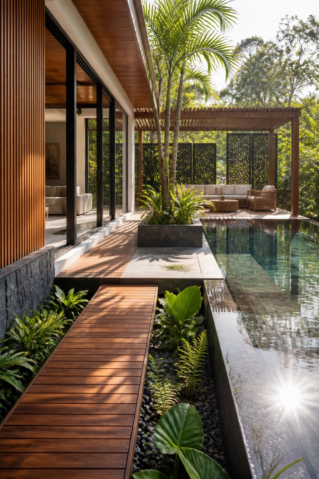 Modern house exterior with large glass doors, wood siding, stone base, and a long pool bordered by wooden decks and a covered seating area.