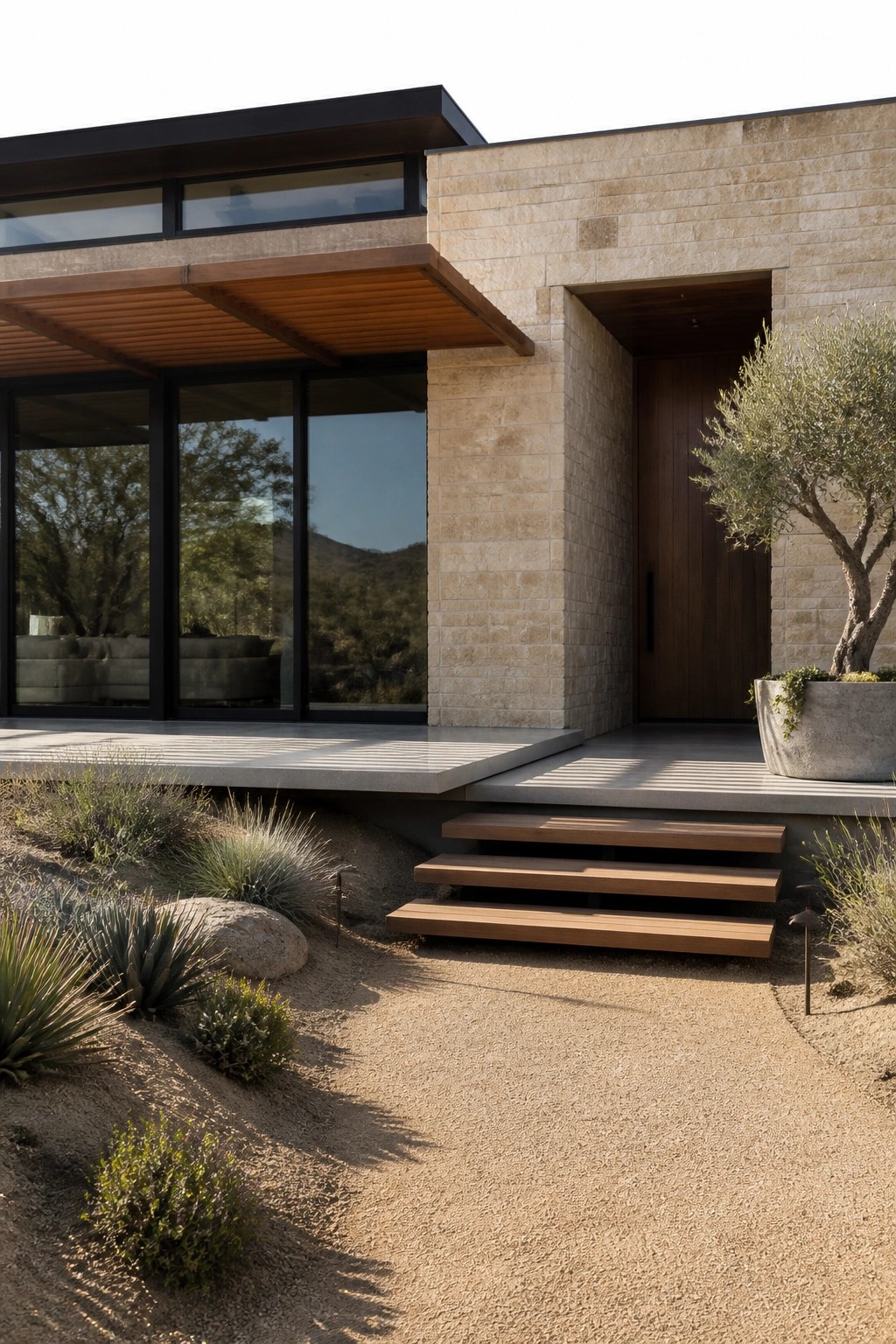 Modern stone house entrance with wooden steps, large windows, and desert plants.