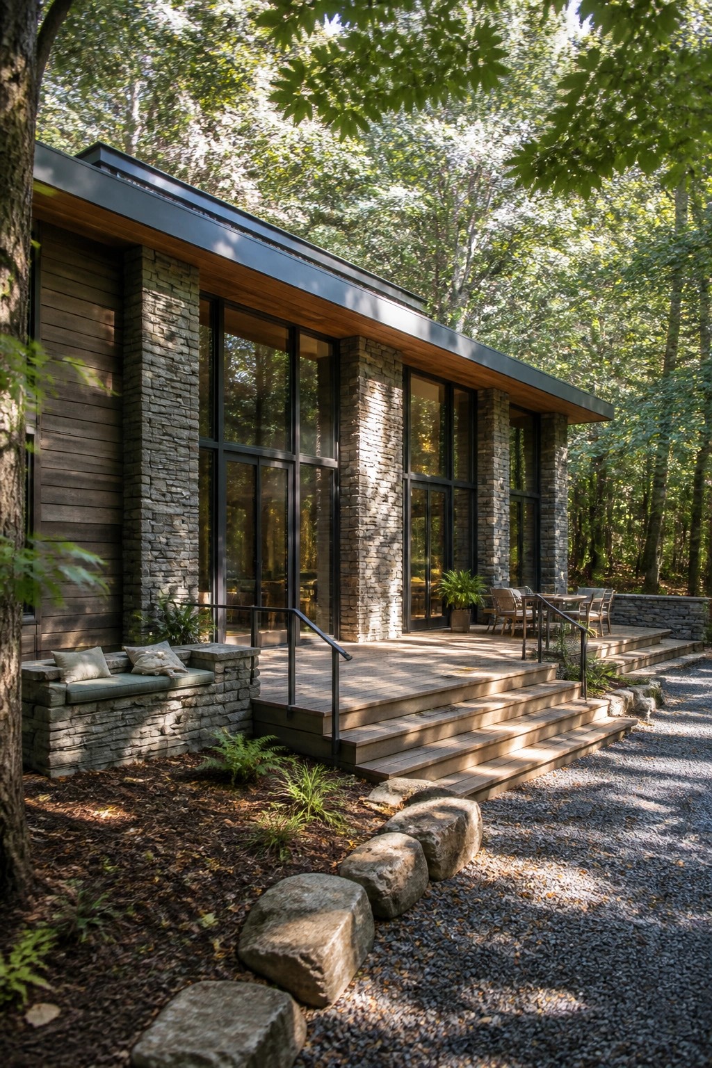 A modern single-story house with stone pillars, wood siding and ceiling, large black-framed glass windows, and a wooden deck with steps leading to a gravel path in a forest setting.