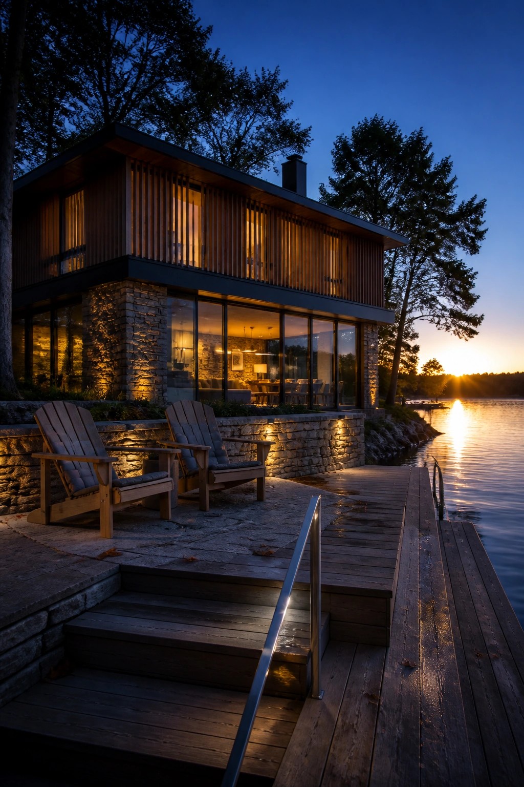 Modern two-story house at dusk with stone lower walls, wood siding, large glass windows, wooden deck, and two Adirondack chairs overlooking a lake.