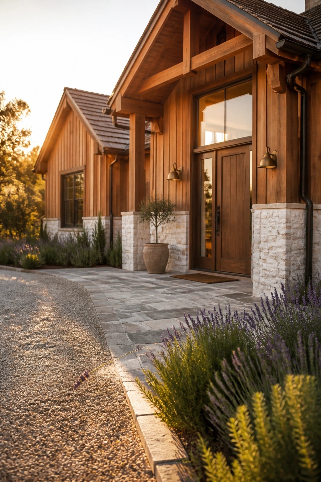 A wooden house exterior featuring stone bases at the entry, a wooden front door with glass panels, and a stone walkway bordered by lavender plants.