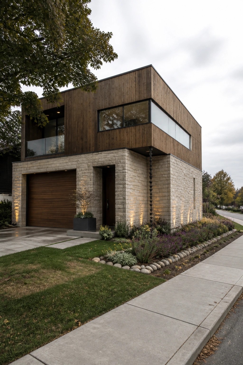 Modern two-story house with wood and stone exterior, garage, and landscaped garden.