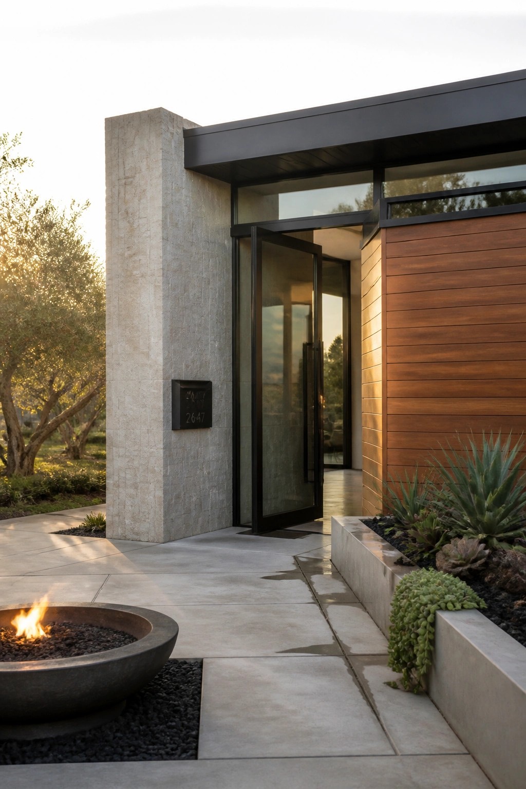 Modern entrance with stone pillar, open glass doors, fire pit, and succulent planters