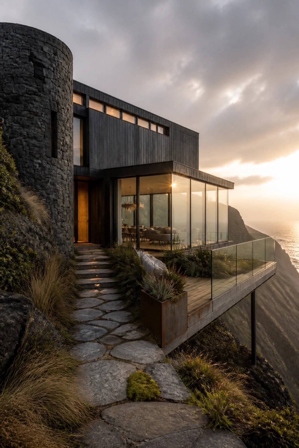 Modern cliffside house of dark stone and wood with glass balcony overlooking ocean at sunset