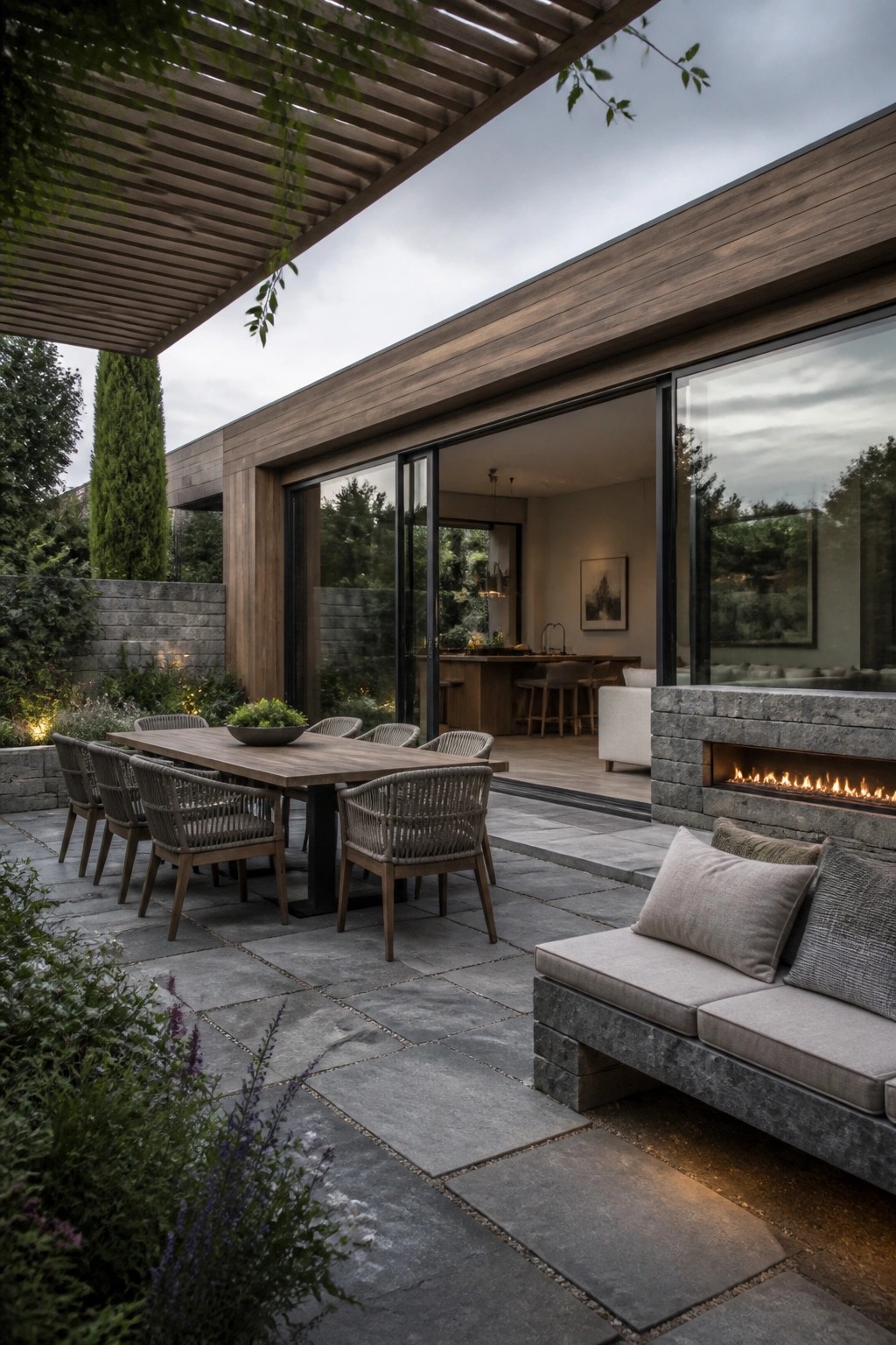 Modern outdoor patio with a long wooden dining table, woven chairs, a stone bench with cushions, and a built-in stone fireplace next to large glass sliding doors.
