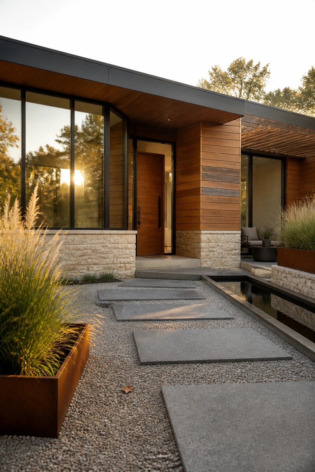 A modern house exterior with wood siding above a light stone base, large glass windows, a wooden front door, and concrete stepping stones set in gravel.