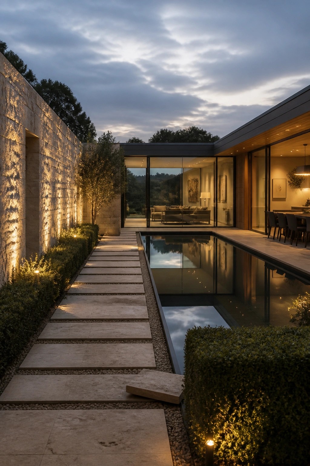 A modern house exterior at dusk showing a long stone pathway next to a narrow reflecting pool, a tall illuminated stone wall on the left, and large glass doors and windows revealing an interior living space.