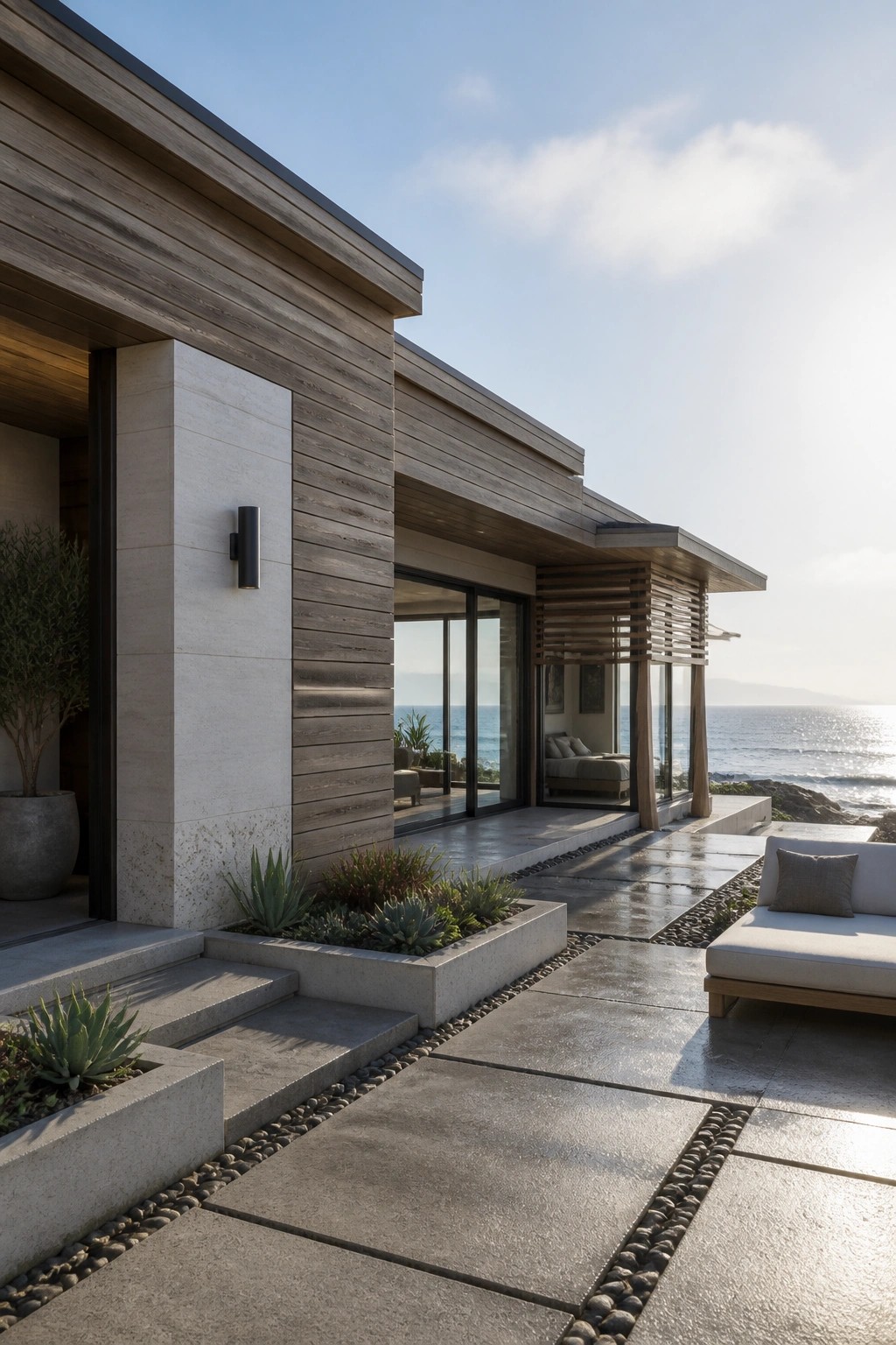 Modern coastal house with wood and stone exterior, large glass doors, and a patio of wide stone pavers edged with river rock borders.