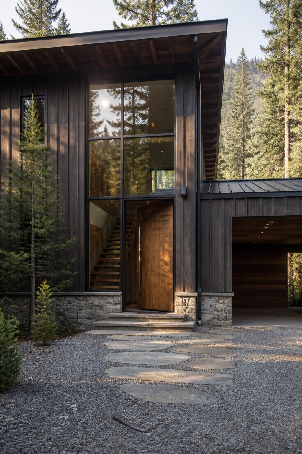 A modern house exterior featuring dark wood siding, a tall glass wall framing a wooden front door, a stone foundation, and a gravel path with stone steps leading to the entrance.