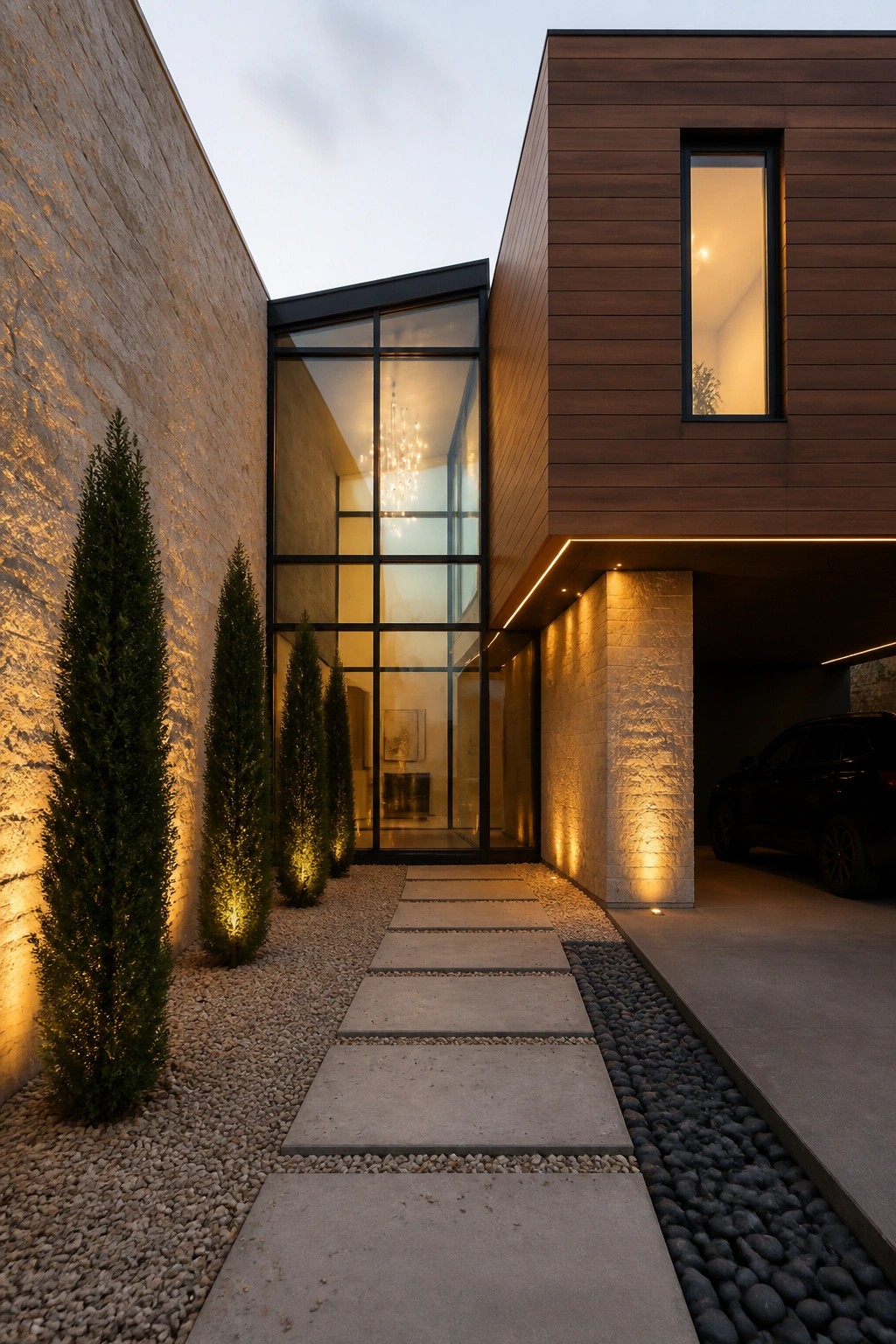 Modern house exterior with a tall glass entryway between stone walls and wood siding, a concrete path, and low trees lit from below.