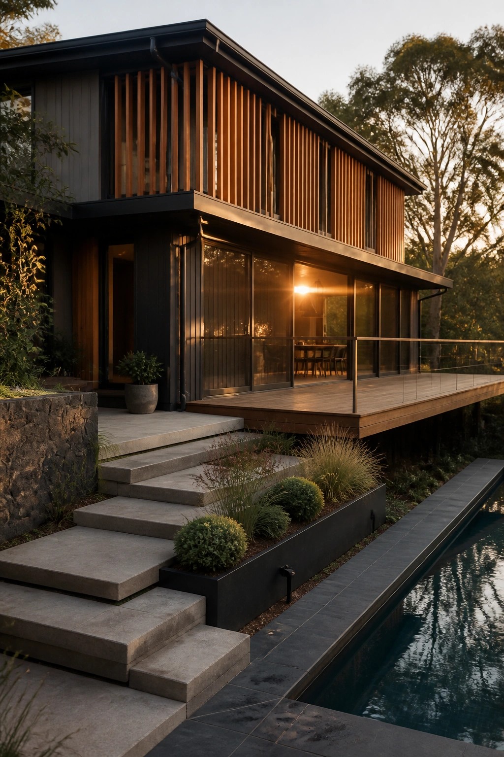 Modern two-story house exterior with vertical wood slats on the upper facade, large glass windows, cantilevered deck, concrete stairs, stone retaining wall, and pool at dusk.