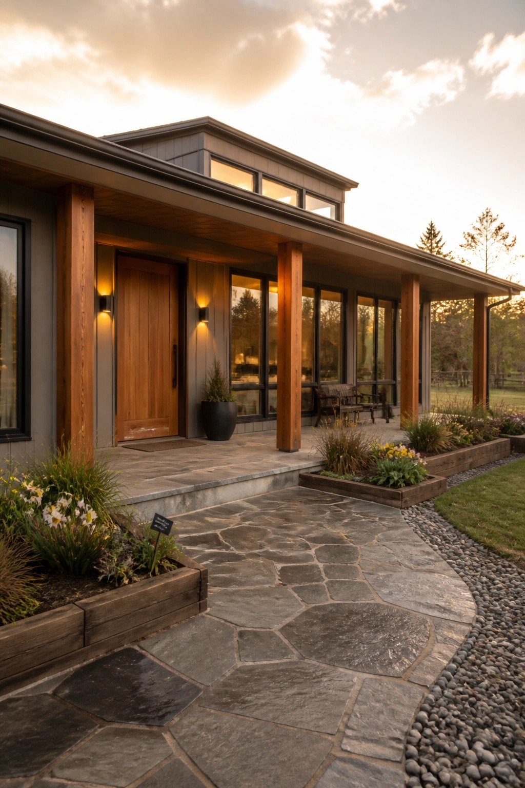 A modern house exterior with a covered porch supported by thick wooden posts, a wooden front door, large windows, and a curving stone pathway leading to the entrance.