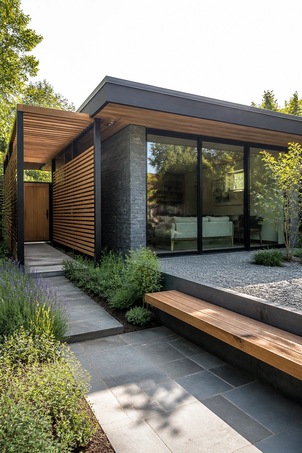 Modern single-story house exterior featuring large glass windows, dark stone walls, horizontal wood slats, a covered walkway, stone pavers, and a wooden bench in the foreground.