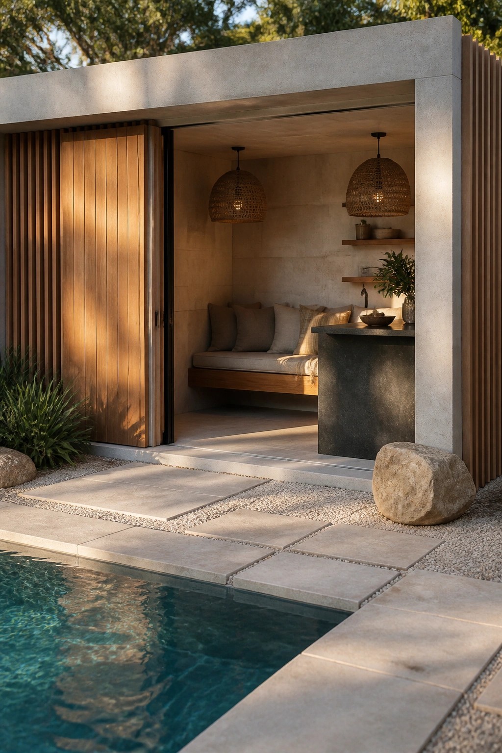 A modern concrete and wood outdoor structure with a built-in bench, stone counter, woven pendant lights, and adjacent swimming pool with stone paving.