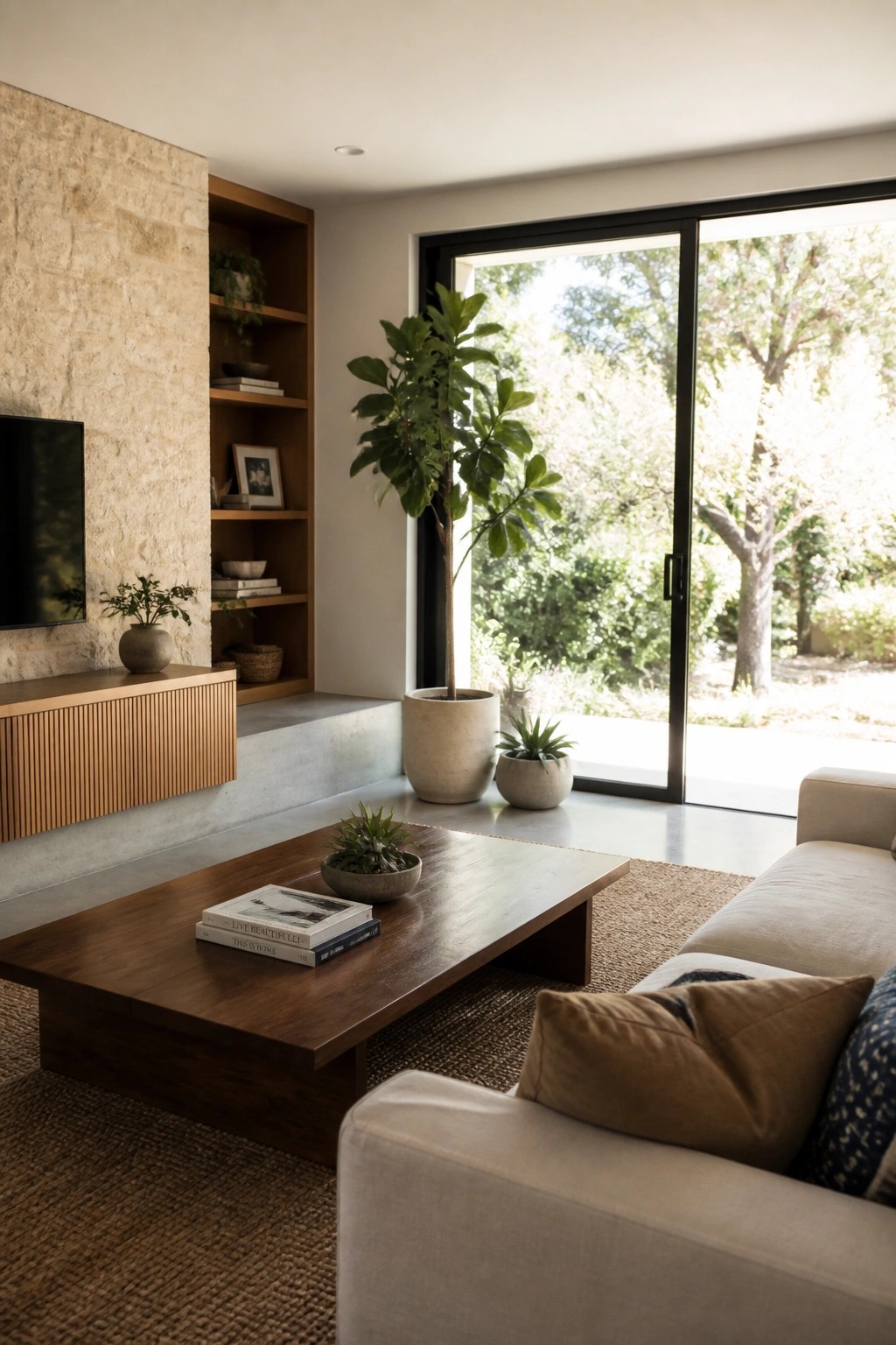 Modern living room with wooden coffee table, beige sofa, stone wall, and large windows.