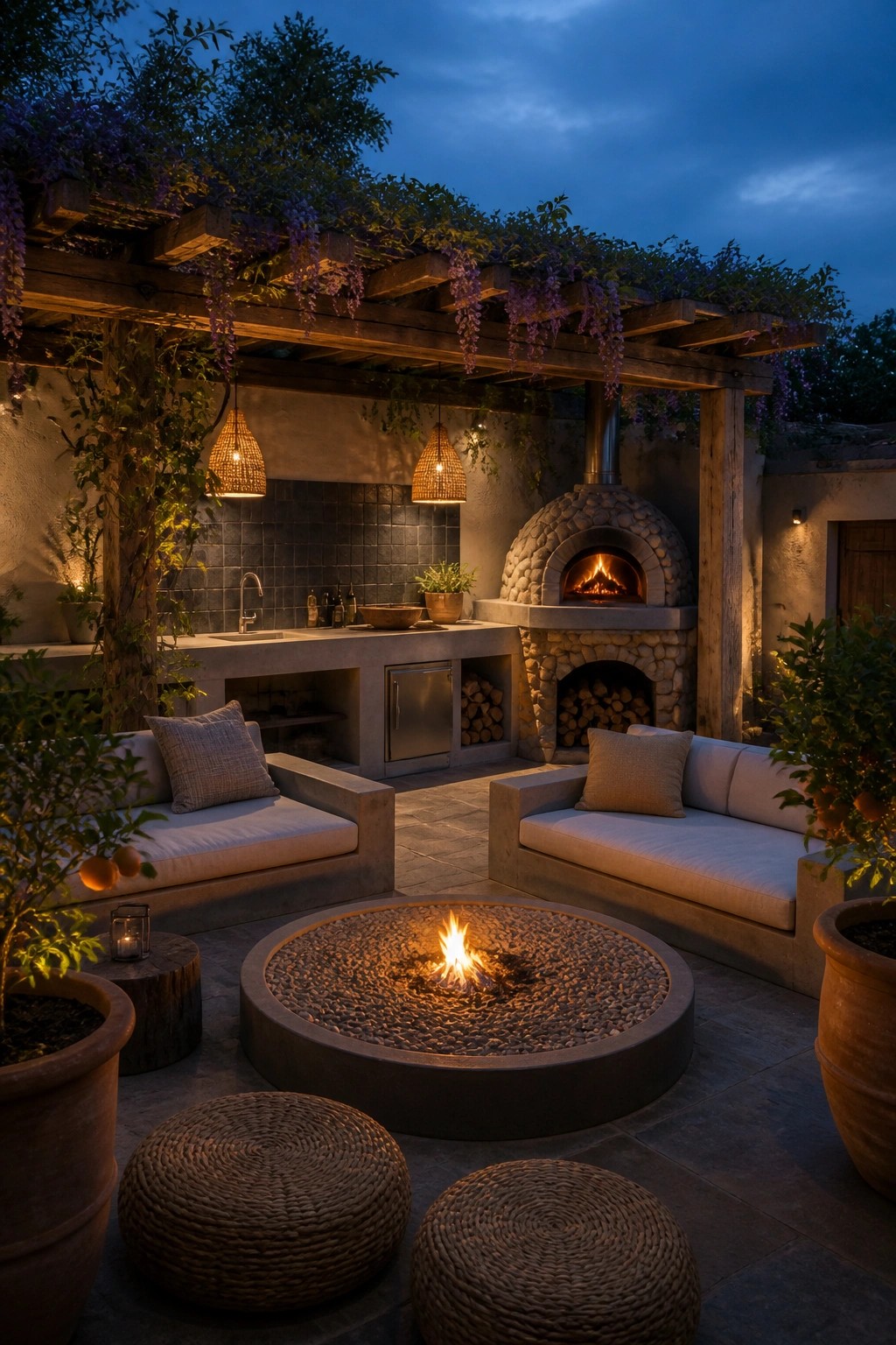 A nighttime outdoor patio with a round concrete fire pit at the center, surrounded by built-in seating, woven poufs, a stone pizza oven, and a wooden pergola overhead.