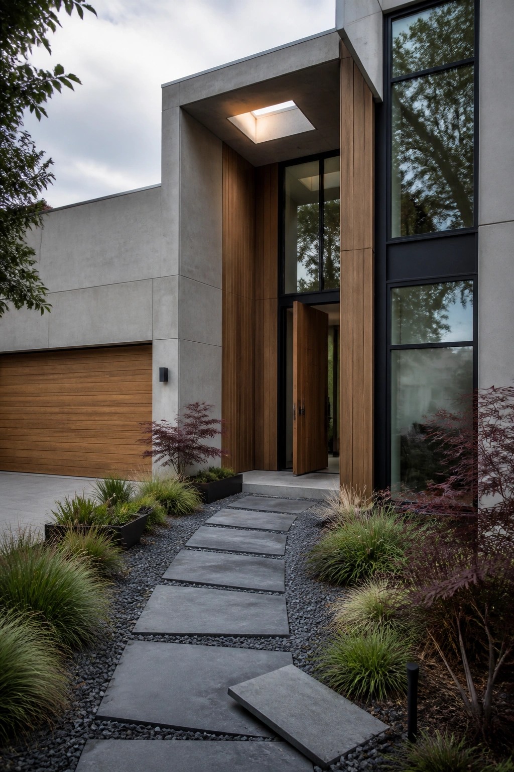 Modern concrete house exterior with vertical wood panels framing the entry, large black-framed windows, a wooden garage door, and a stone paver path through gravel landscaping.