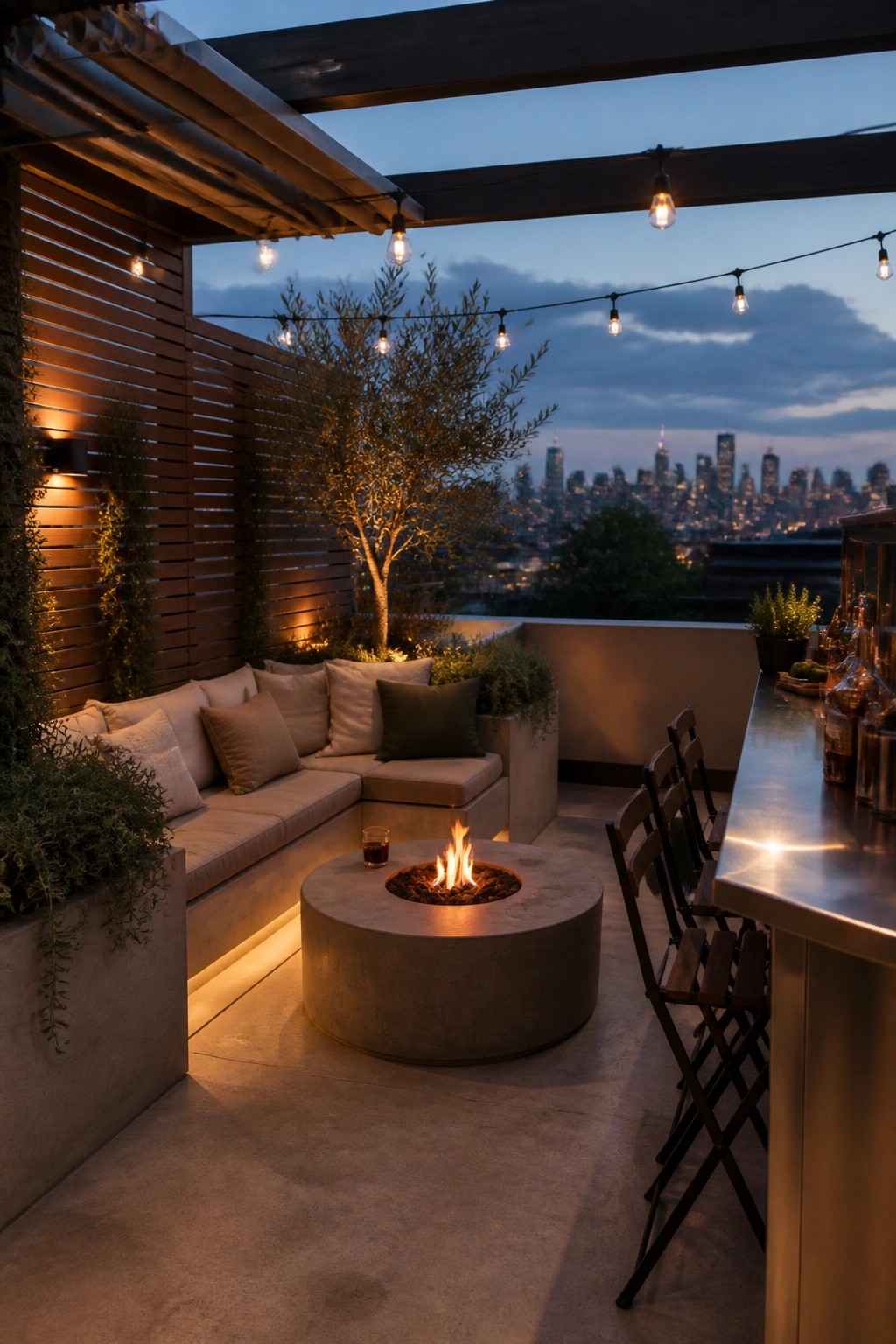 A rooftop terrace at dusk with a round concrete fire pit, L-shaped cushioned seating, string lights, and a distant city skyline.