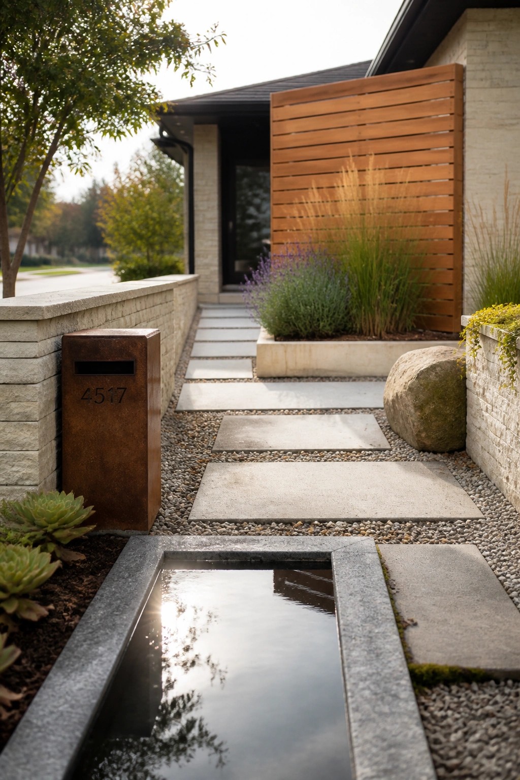 Modern house entrance with stone path, reflecting pool, rusted mailbox, and plants.