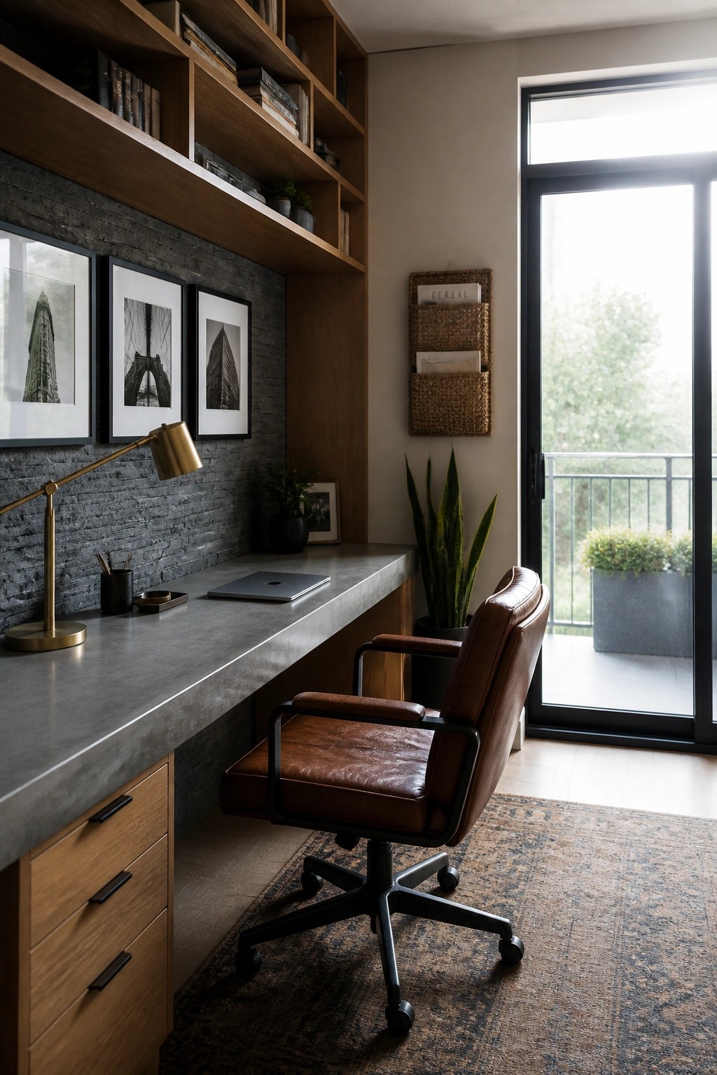 A modern home office with a long concrete desk, brown leather office chair, wooden built-in shelves, and a large glass door on the right.