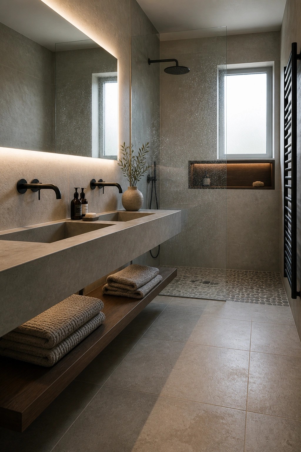 A modern bathroom with a long floating concrete double vanity, black wall-mounted faucets, and a wooden shelf holding folded towels underneath.