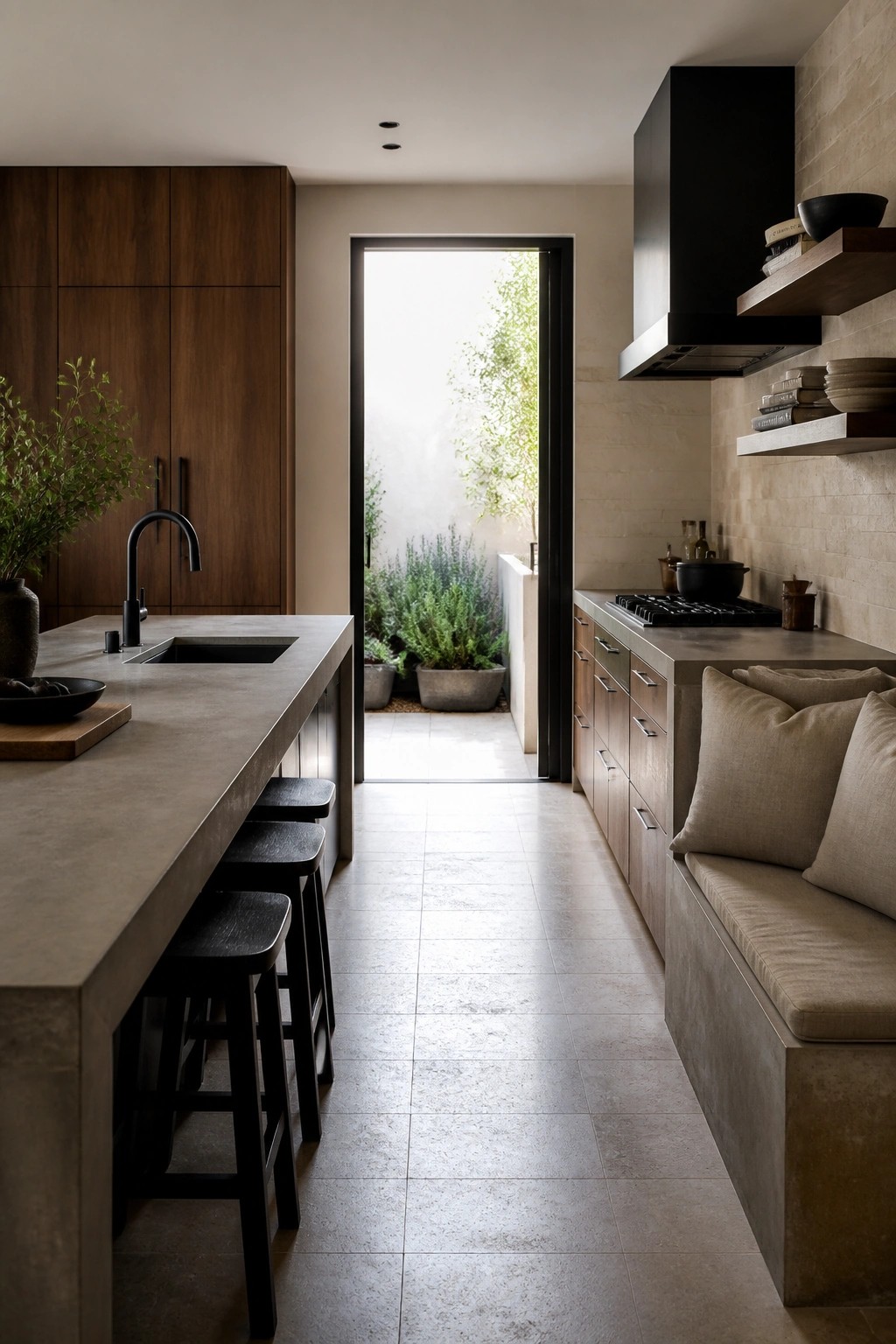 A modern kitchen with a long concrete island, black stools, wood cabinetry, stone wall tiles, and a built-in cushioned bench.