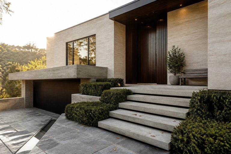 Modern stone house entrance with wooden door, floating concrete steps, and water feature.