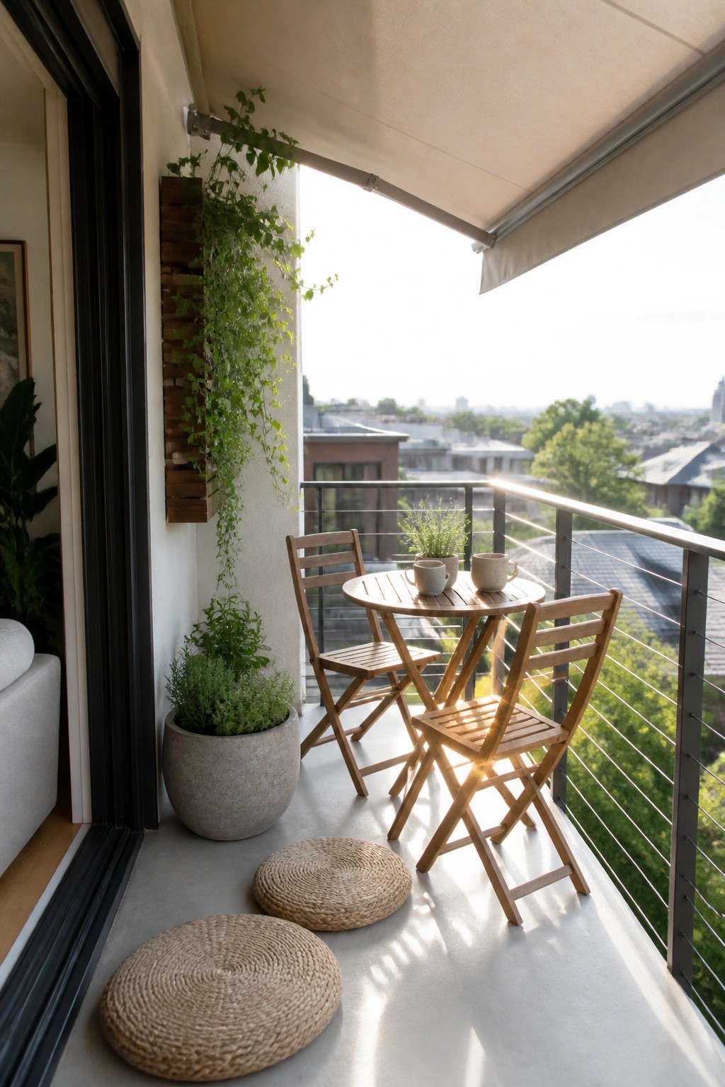A compact balcony with a round wooden folding table, two wooden chairs, potted plants along the wall, and two woven floor cushions, overlooking city rooftops.
