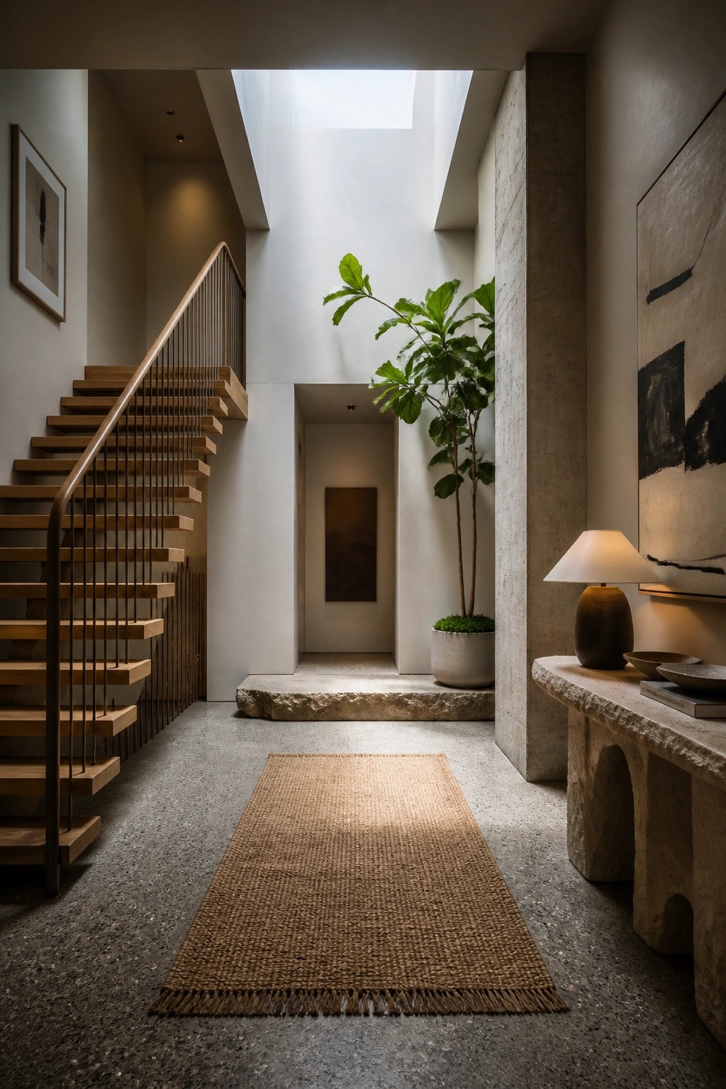 Interior hallway with wooden staircase on the left, concrete pillar and walls, stone console table on the right, woven rug on the floor, and a large potted plant under a skylight.