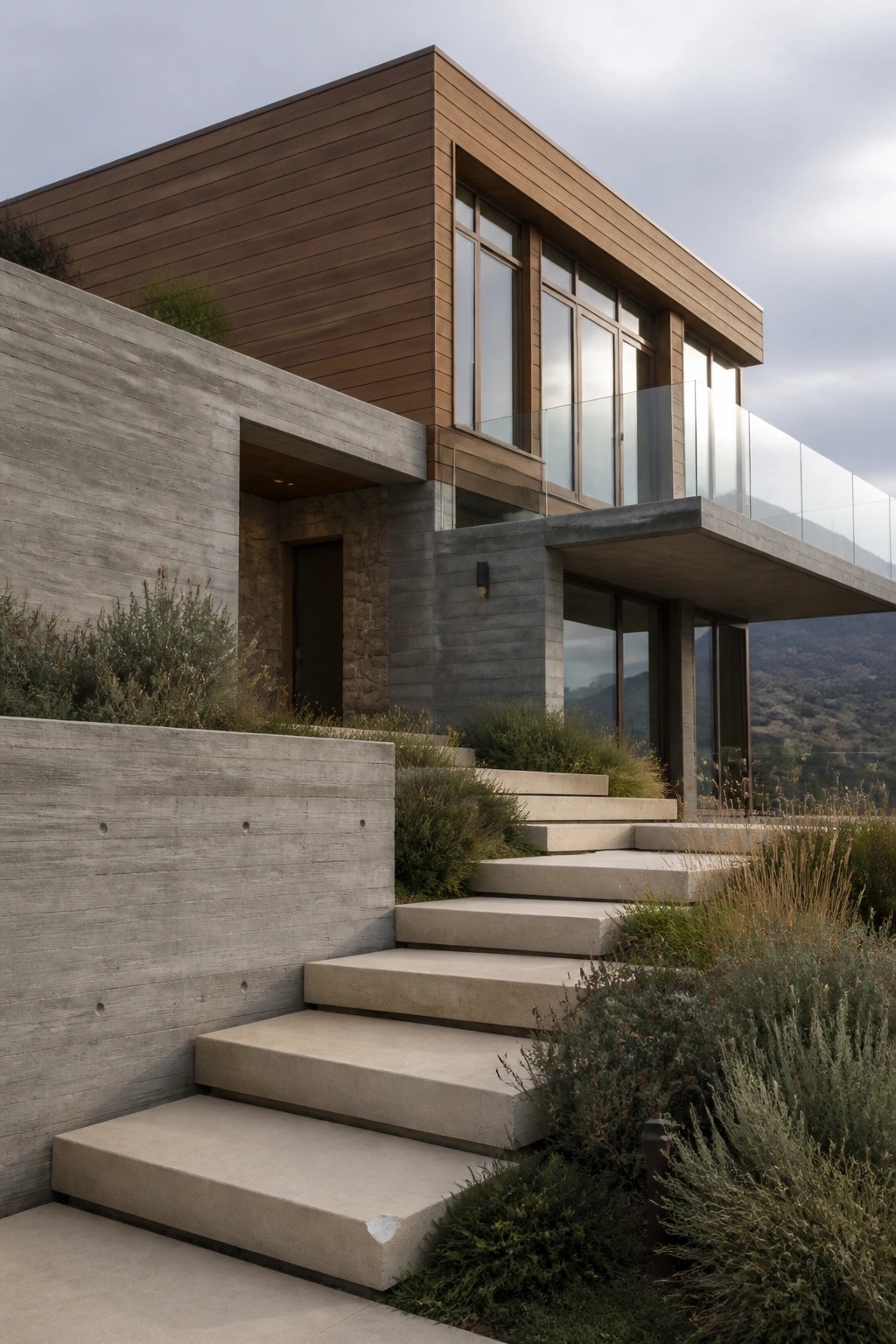 A modern house exterior with horizontal wood siding on the upper level, concrete and stone on the lower sections, large windows, a glass-railed balcony, and concrete stairs leading to the entrance amid landscaping.