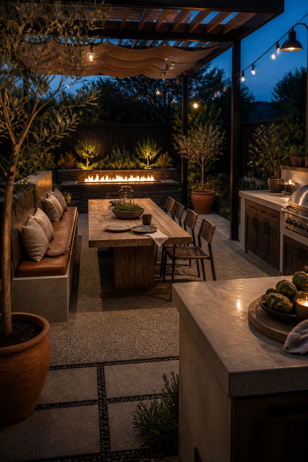 Outdoor patio dining area with wooden table, fire pit, string lights, and kitchen at dusk.