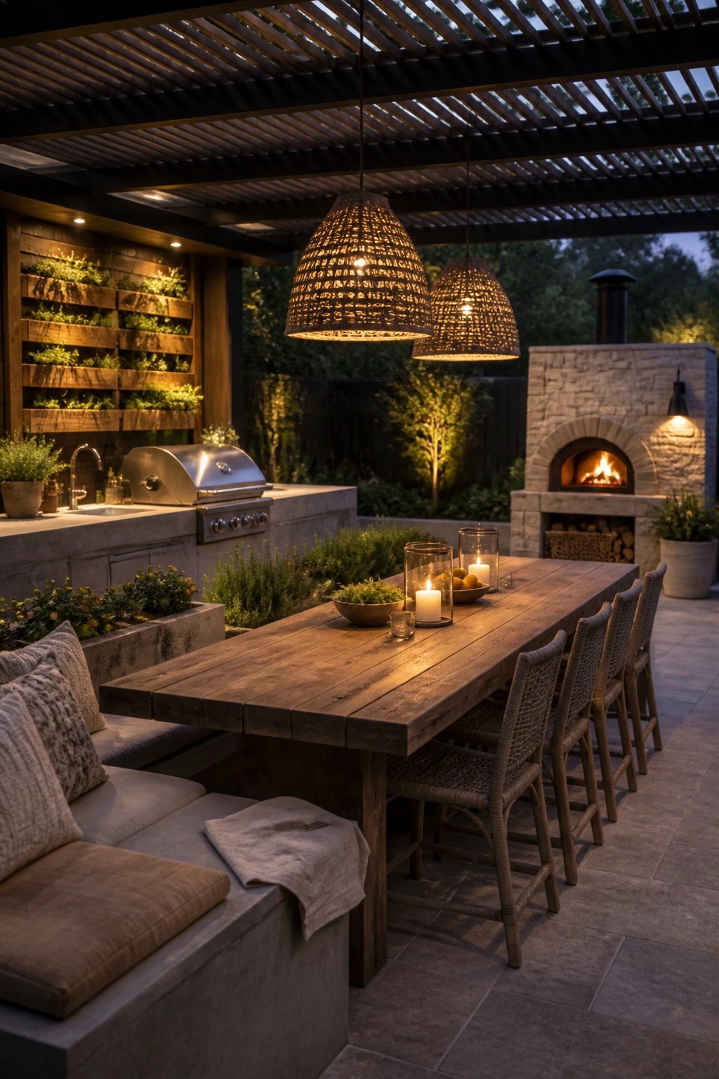 A long wooden dining table with woven chairs sits on a stone-tiled patio beside a built-in outdoor kitchen and a stone fireplace with a lit fire, all under a wooden slatted pergola.