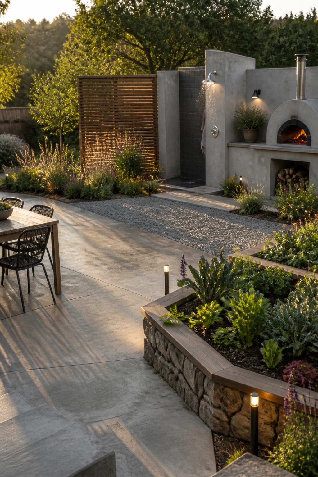 Modern backyard patio with dining table, raised garden, outdoor shower, and lit pizza oven.