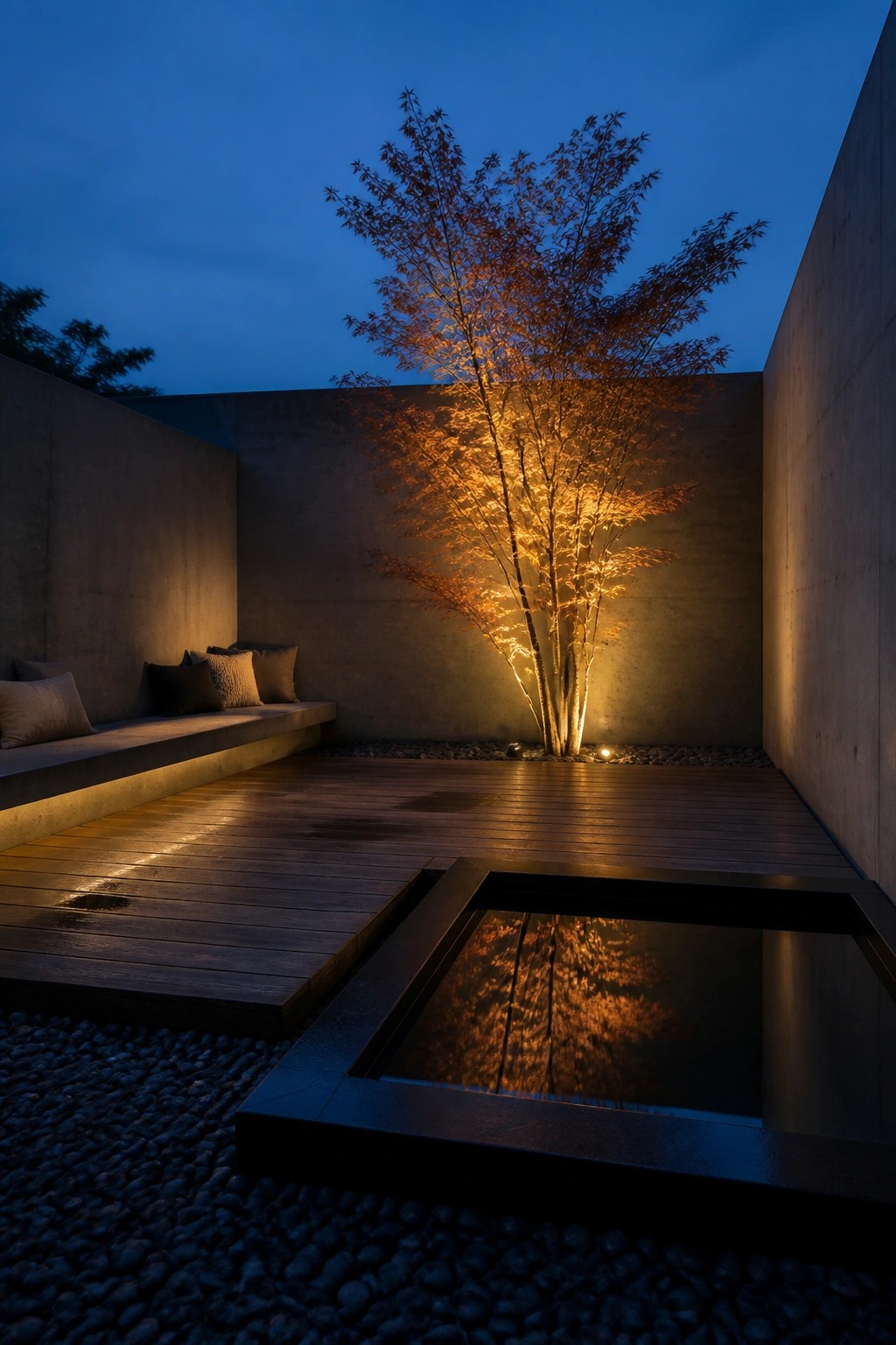 Illuminated tree reflected in square pool on wooden deck at dusk