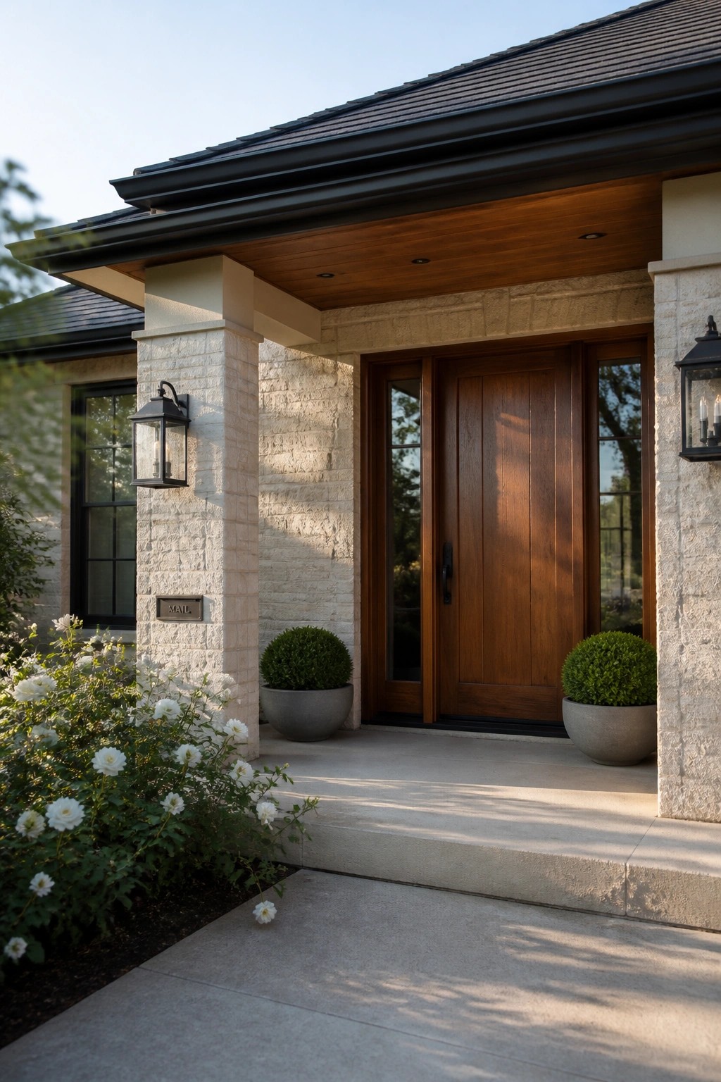 Stone house entry with wooden door, potted shrubs, lanterns, and white roses.