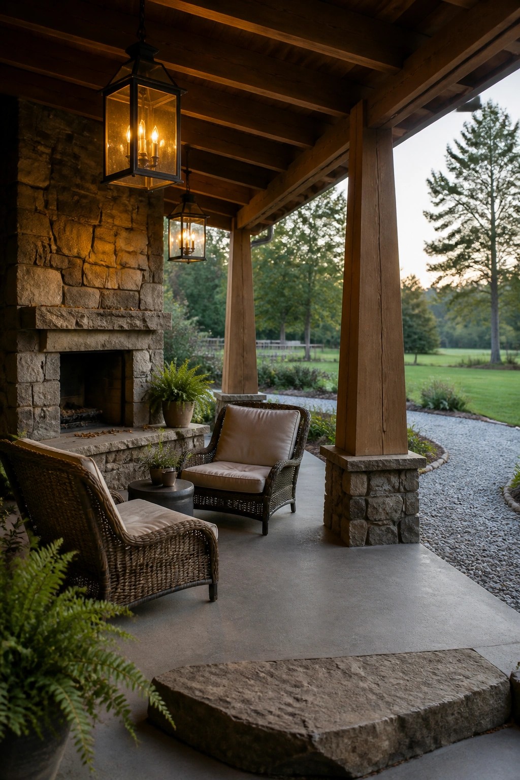 A covered porch features a large stone fireplace on the left, dark wood ceiling beams and posts, wicker seating with cushions, hanging lanterns, and a concrete floor.