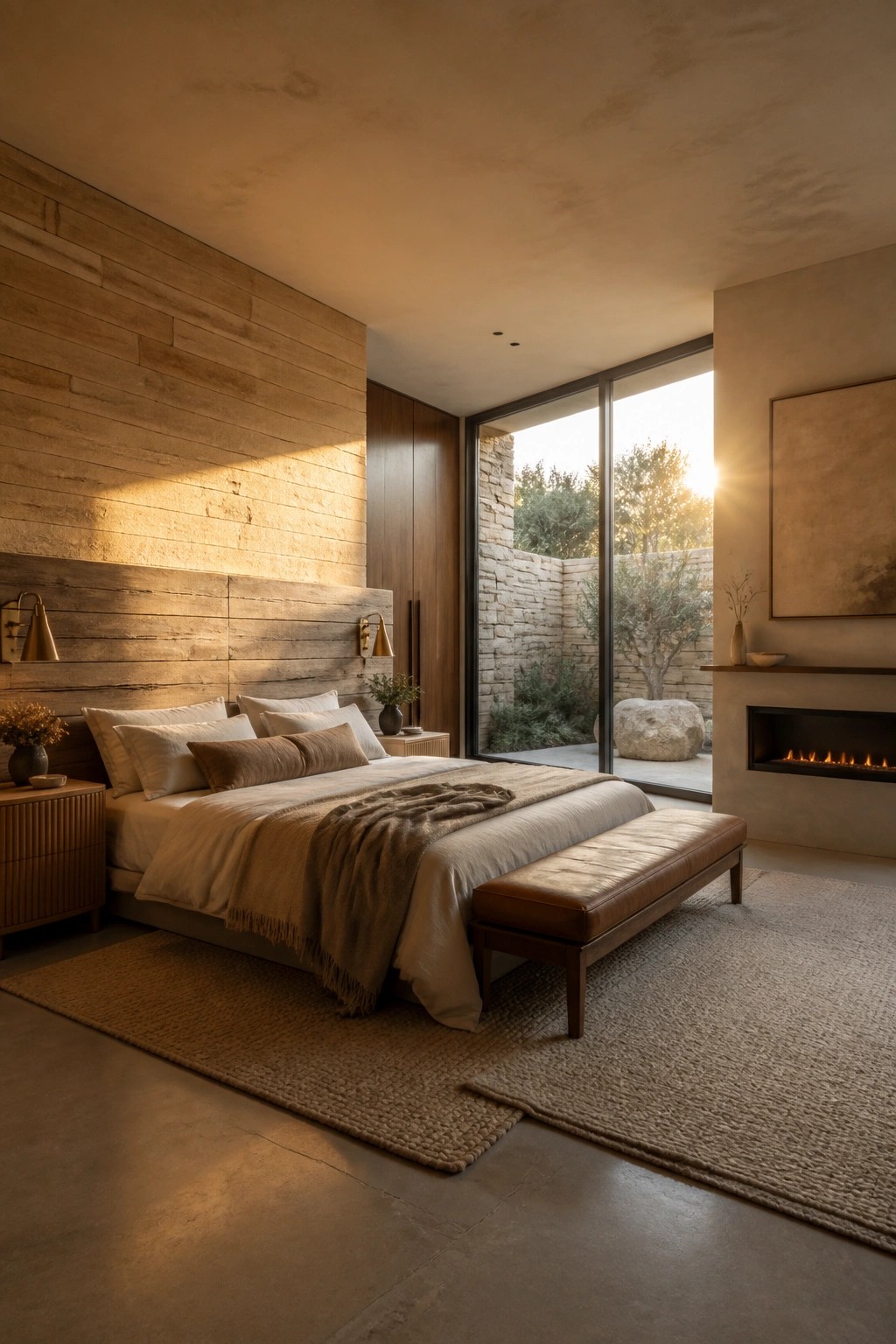 A modern bedroom featuring a full-height wood accent wall behind the bed, concrete flooring, neutral bedding, and large sliding glass doors opening to a stone courtyard.