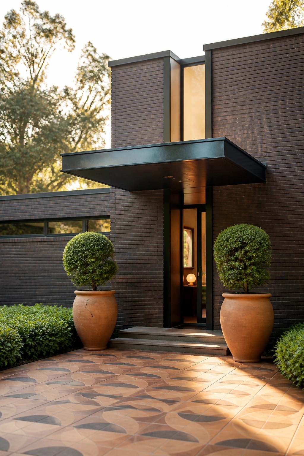 A modern house entrance features dark horizontal wood siding, a wide black cantilevered overhang above the door, two large terracotta pots with rounded shrubs, and patterned tile paving leading to the steps.
