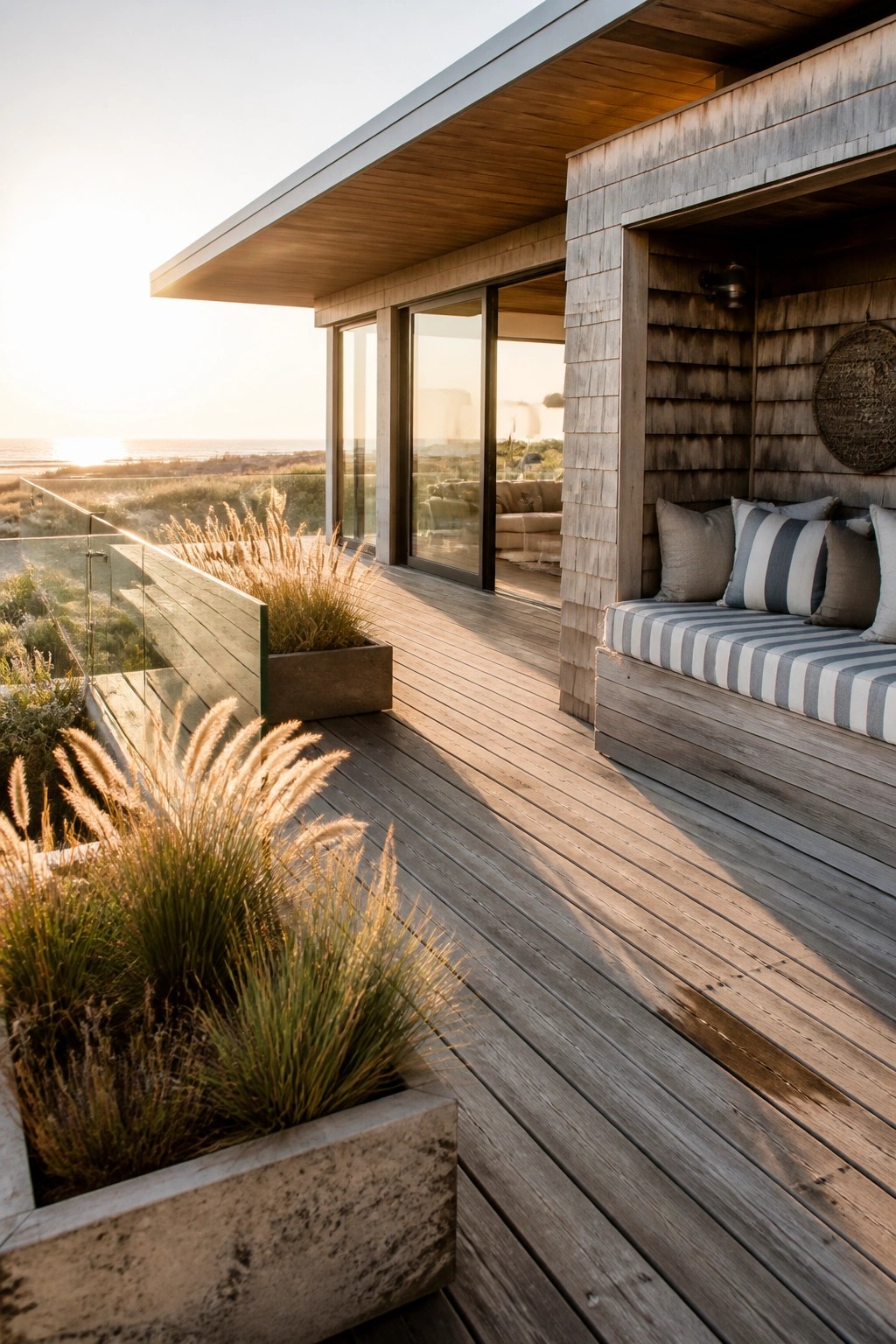 Wooden deck with built-in bench seating and striped cushions next to sliding glass doors, concrete planters with tall grasses, and ocean view at sunset.