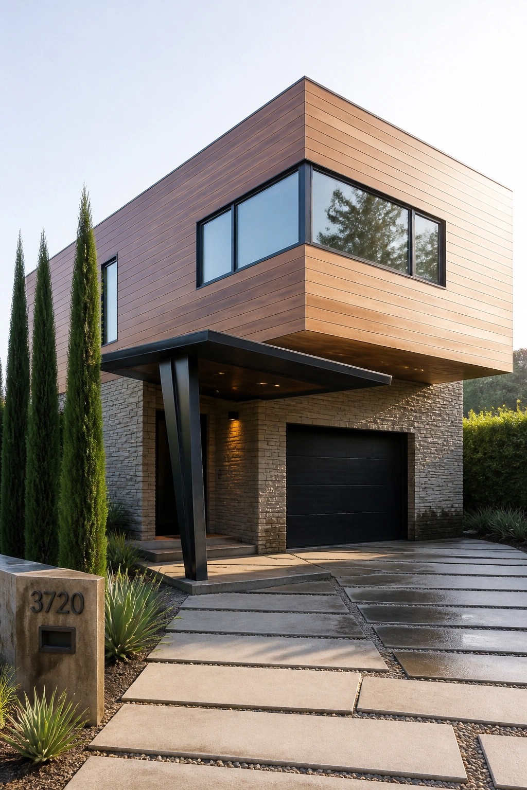 Modern two-story house with cantilevered upper level over the entry, wood siding above stone base, black garage door, and stone paver driveway.