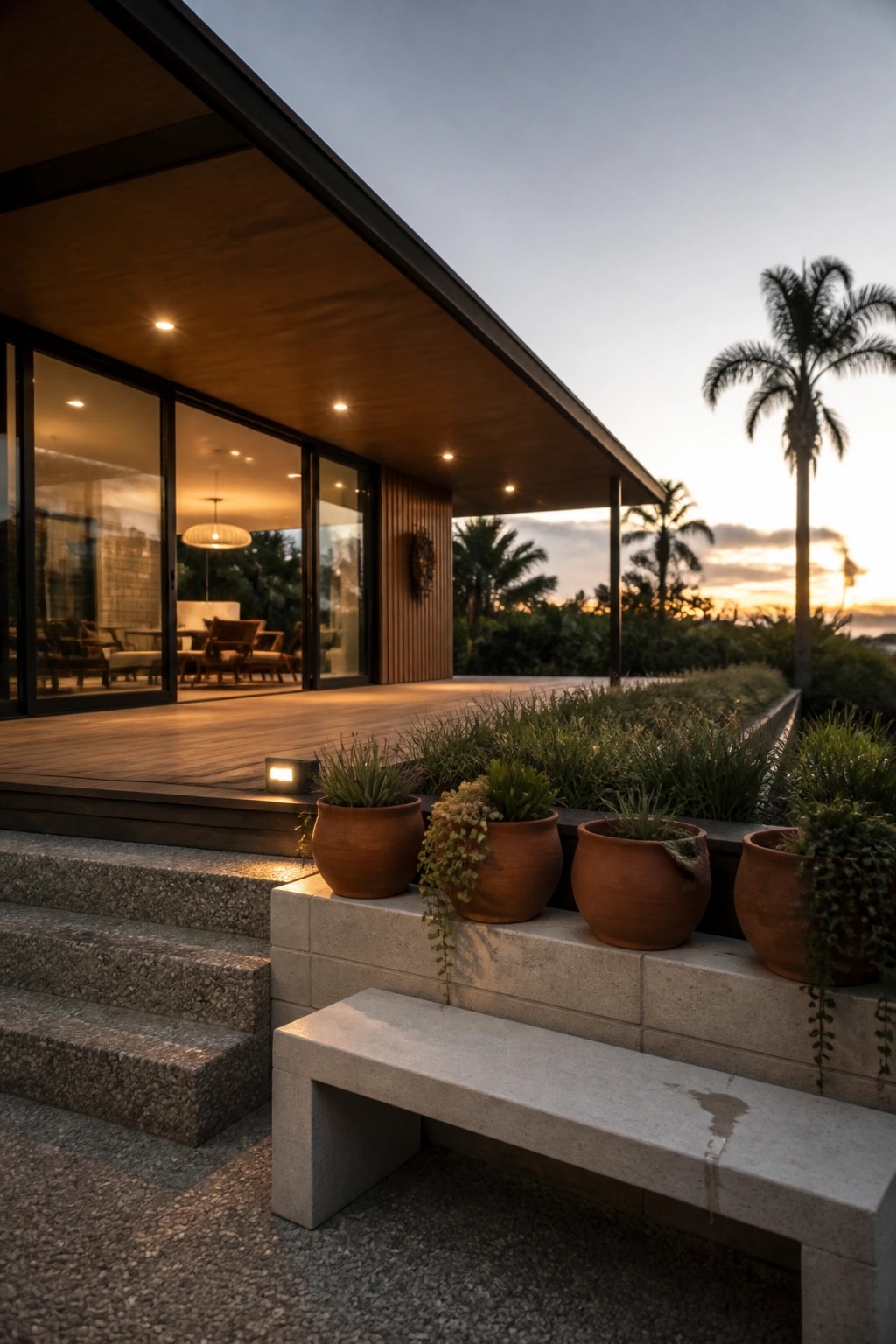 Modern house exterior at dusk showing a wooden deck with large glass sliding doors, a concrete ledge holding terracotta pots, stone steps, and a concrete bench in the foreground.