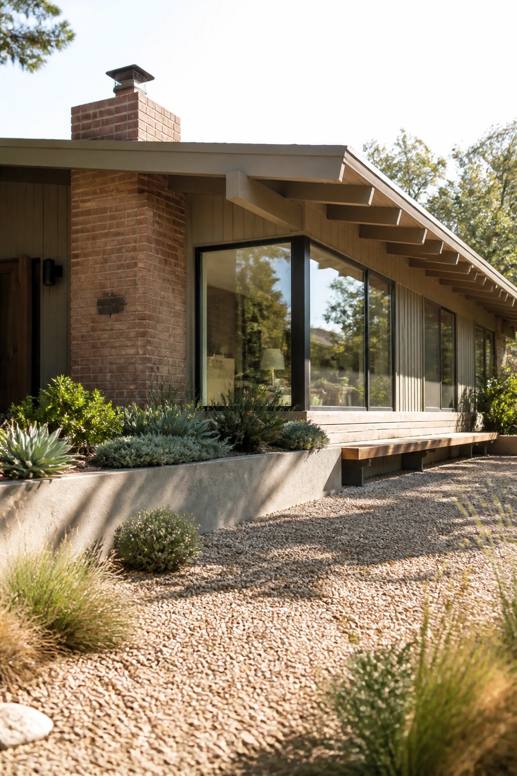 Modern home with brick chimney, large windows, wooden bench, and gravel garden.